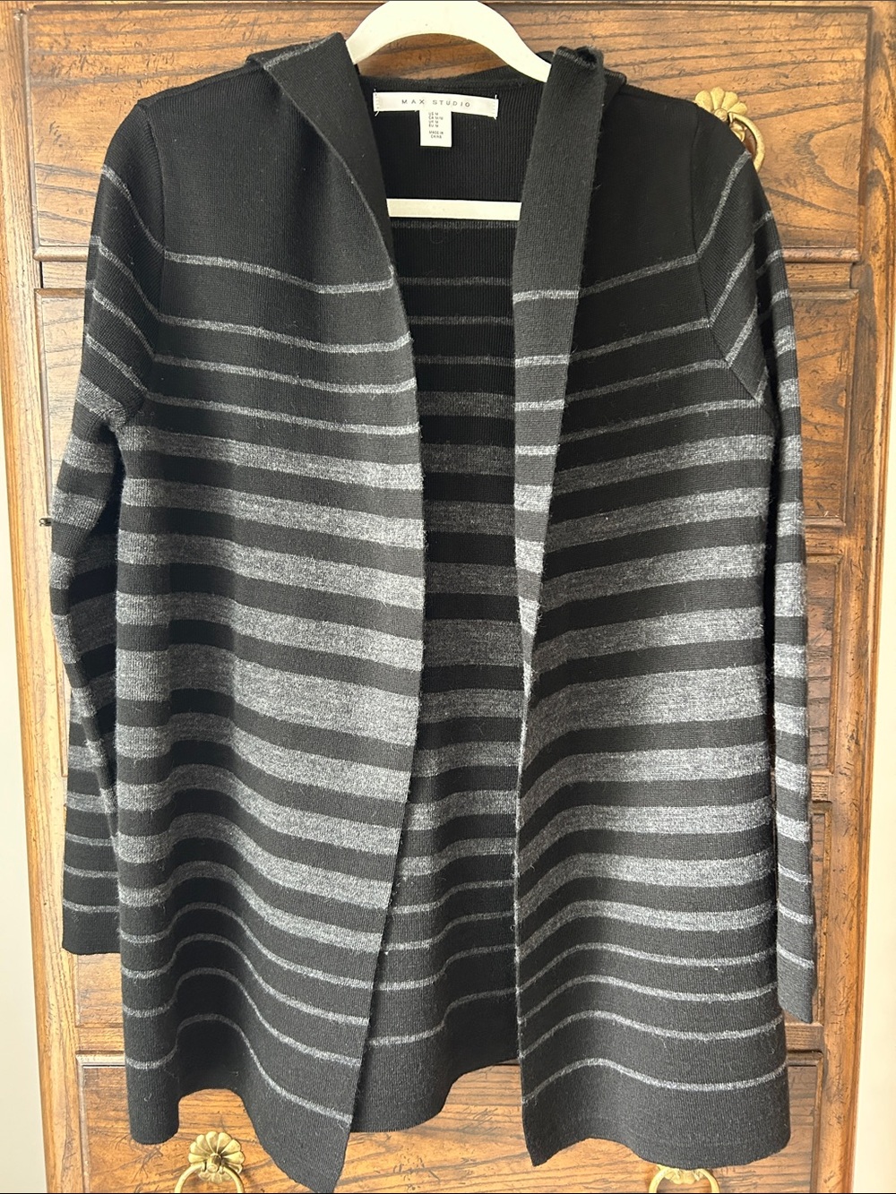 Max Studio Merino Wool Black and Gray Striped Hooded Open Cardigan, Size M